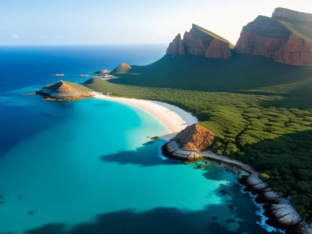 Acantilados espectaculares de Socotra al atardecer, con un dhow Soqotri en el horizonte y aguas turquesas del Índico