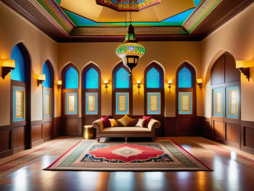 Interior islámico: belleza y serenidad en casa tradicional Acogedor hogar islámico con accesorios halal para decoración hogar, luz dorada y decoración elegante