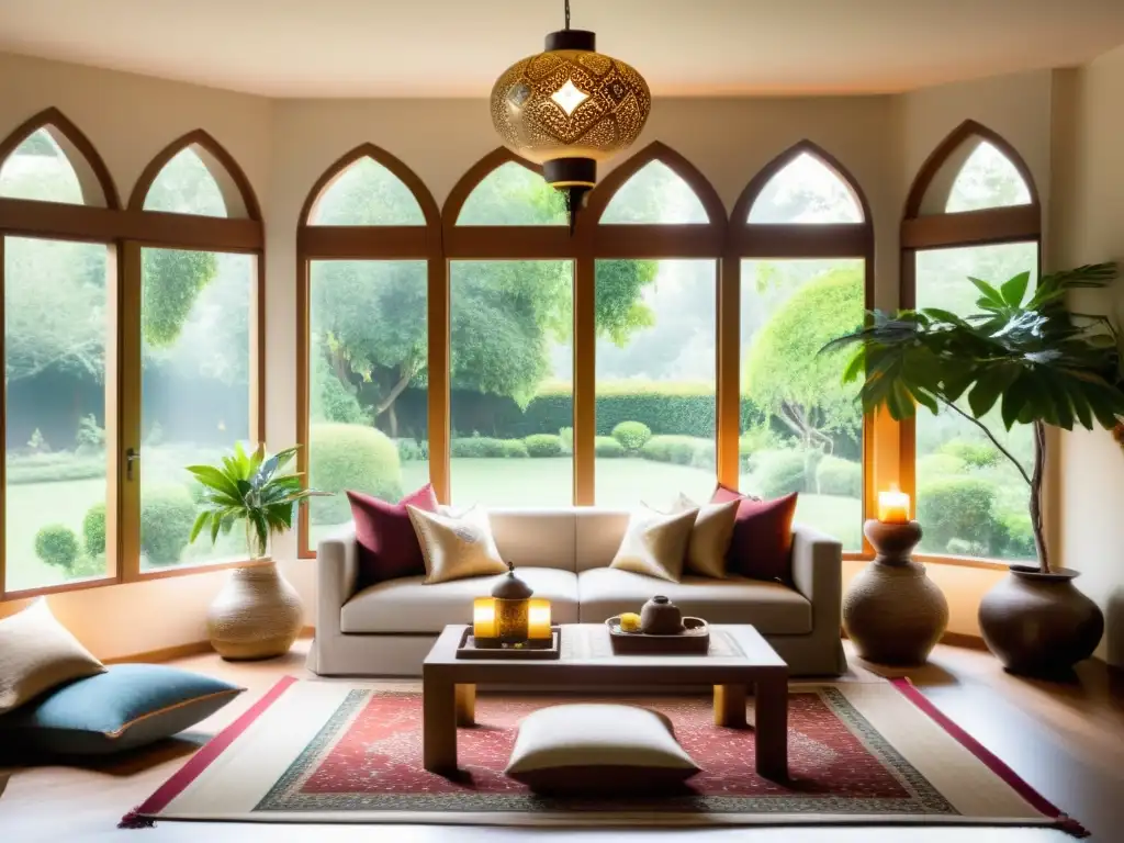 Salón sereno con toques islámicos y espiritualidad Un acogedor salón iluminado por el sol con decoración halal y vistas a un exuberante jardín