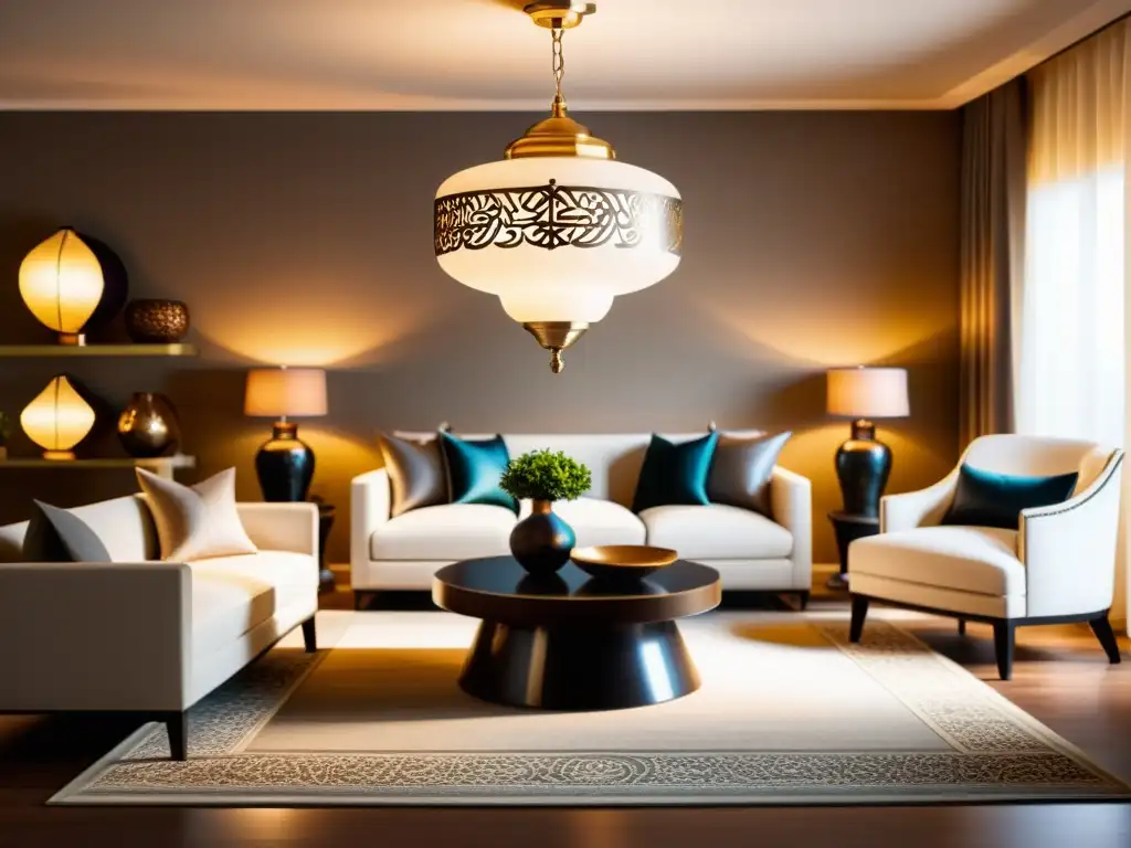 Salón Halal: Decoración Moderna y Espiritual Acogedora sala con accesorios halal para decoración hogar, elegantes lámparas y ambiente cálido