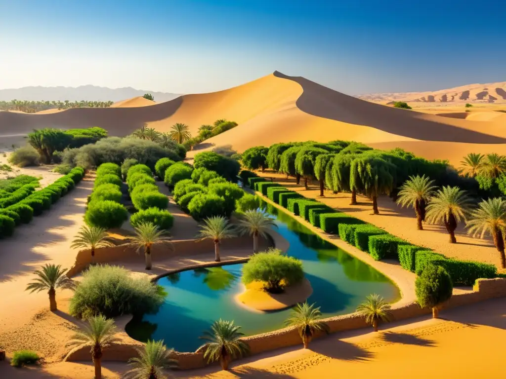 Agricultura sostenible en el Islam: Oasis exuberante en el desierto con palmeras, olivos y cultivos