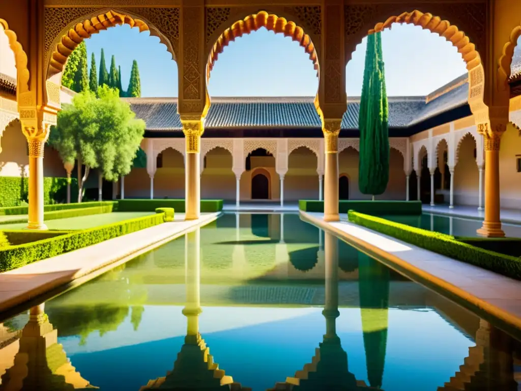 Courtyard de la Alhambra, Granada: agua reflejando arquitectura islámica, patrones geométricos y serenidad espiritual