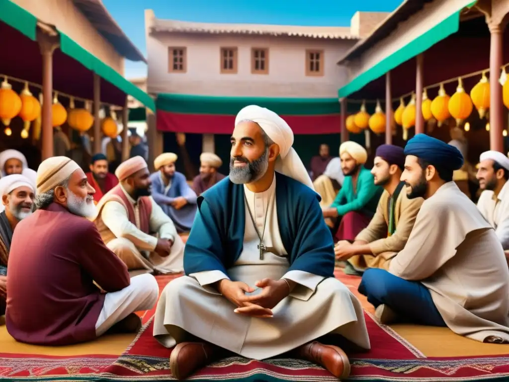 AlBiruni en un animado mercado, compartiendo sabiduría con académicos de diversas culturas en un encuentro de culturas islámicas y ciencias