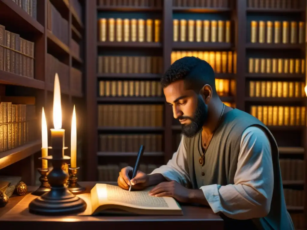 AlBiruni estudia un astrolabio en una cámara iluminada por velas, rodeado de manuscritos antiguos y expresando una intensa concentración