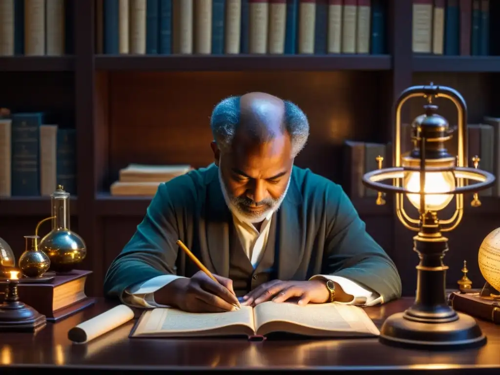 AlBiruni concentra en cálculos astronómicos en su estudio, rodeado de instrumentos científicos y manuscritos antiguos