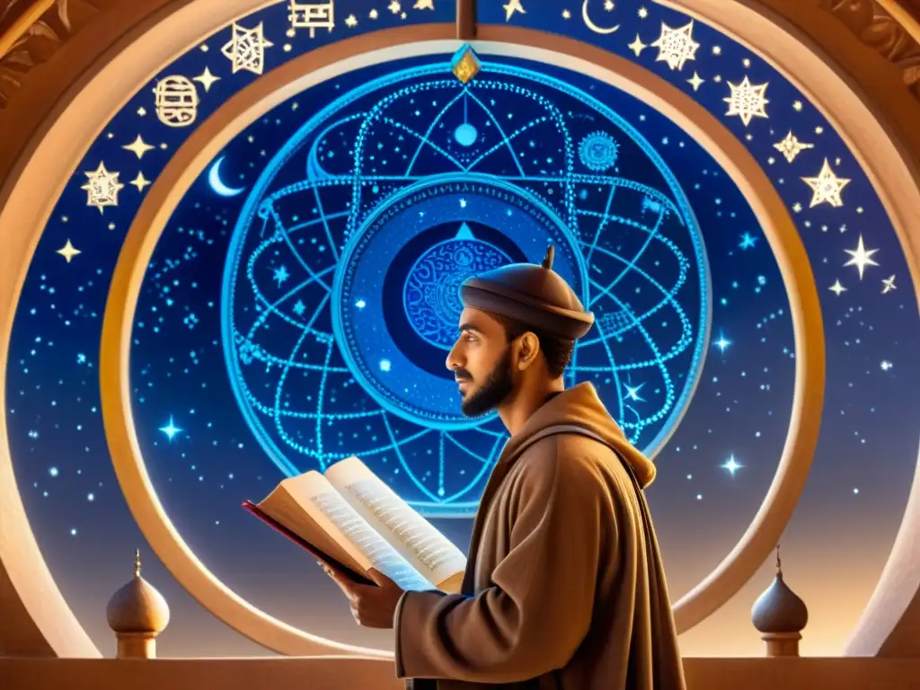 AlBiruni estudia el cielo nocturno con un astrolabio en un observatorio medieval, representando su legado científico en la cultura musulmana