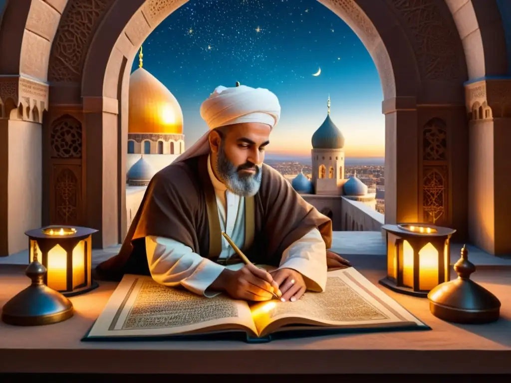 AlBiruni estudia un mapa celestial en un bullicioso observatorio islámico medieval, inmerso en el legado científico musulmán cultura