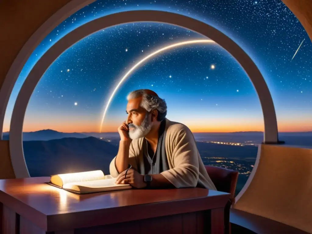 AlBiruni en un observatorio estudiando el cosmos rodeado de instrumentos astronómicos, libros y luz de velas