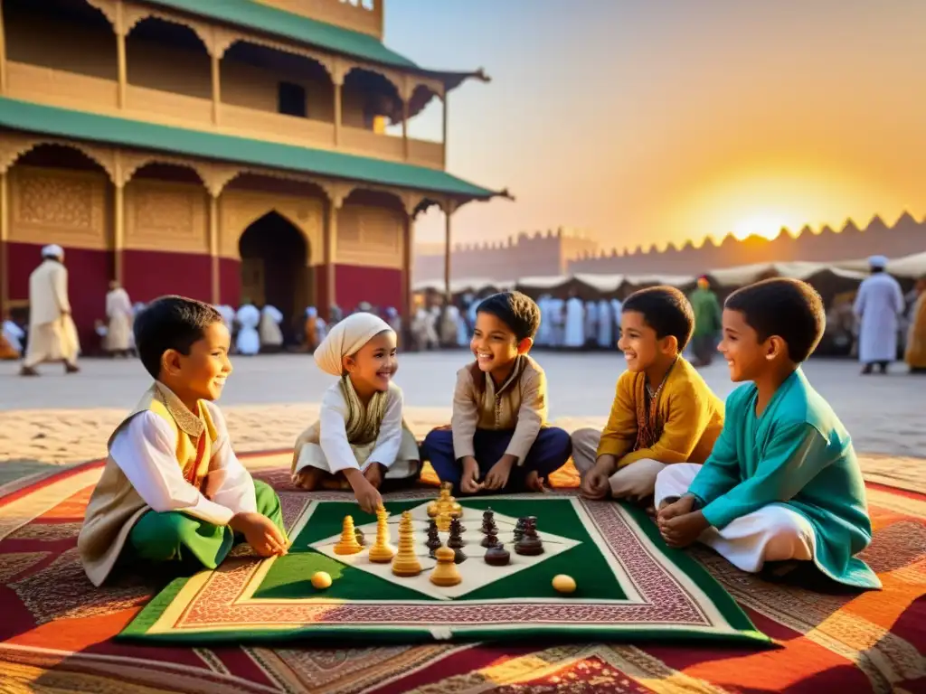 Alegre juego tradicional islámico en bullicioso mercado, con niños disfrutando de actividades lúdicas en el mundo islámico