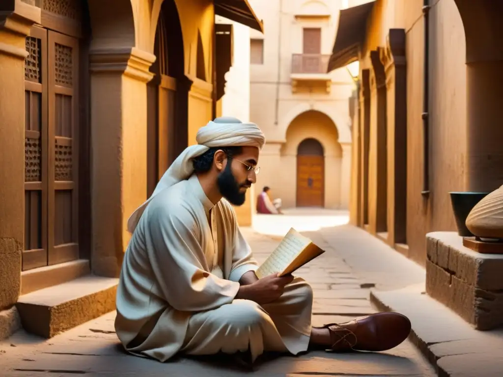 Ibn alFarid componiendo poesía mística sufismo egipcio en El Cairo al atardecer