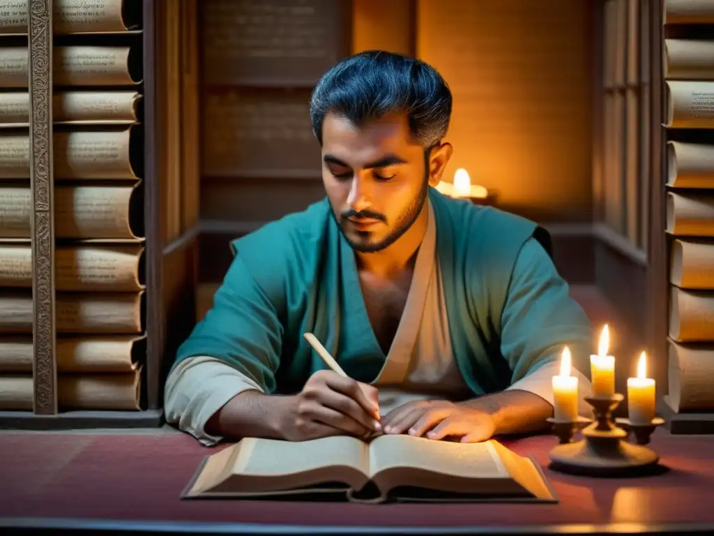 AlGhazali en biblioteca iluminada por velas, contempla la reconciliación espiritual lógica