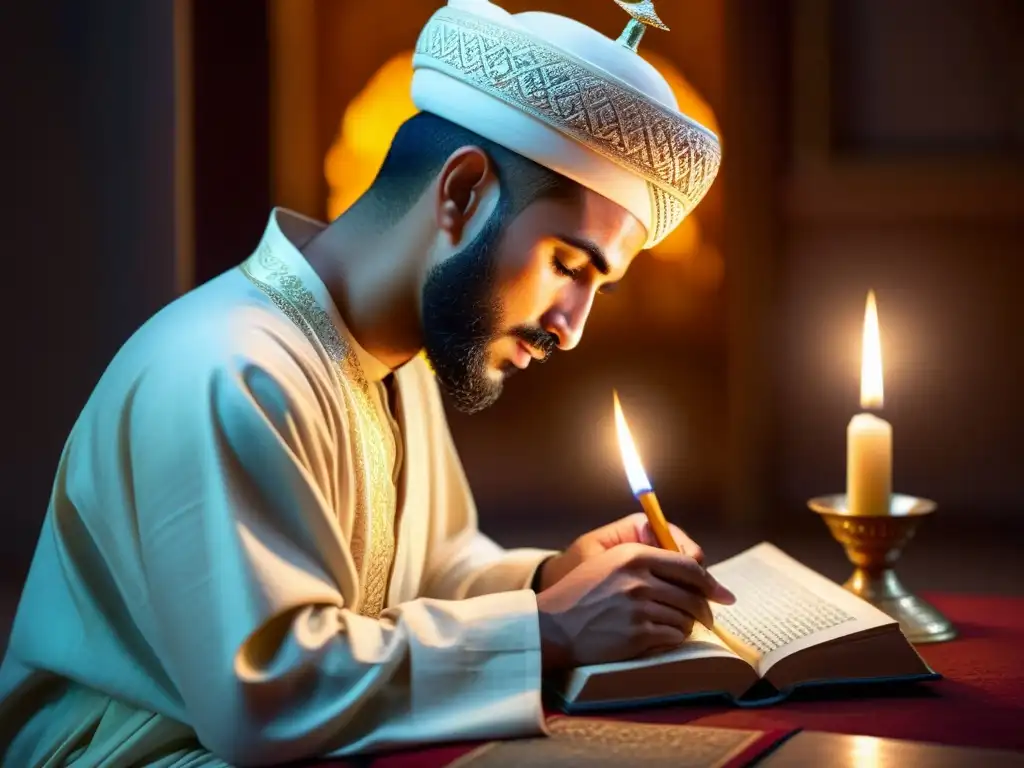 Al-Ghazali inmerso en la contemplación, iluminado por la cálida luz de las velas mientras estudia antiguos textos religiosos