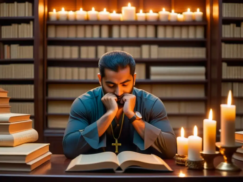 AlGhazali inmerso en la reconciliación espiritual lógica, rodeado de libros filosóficos, en una habitación iluminada por velas