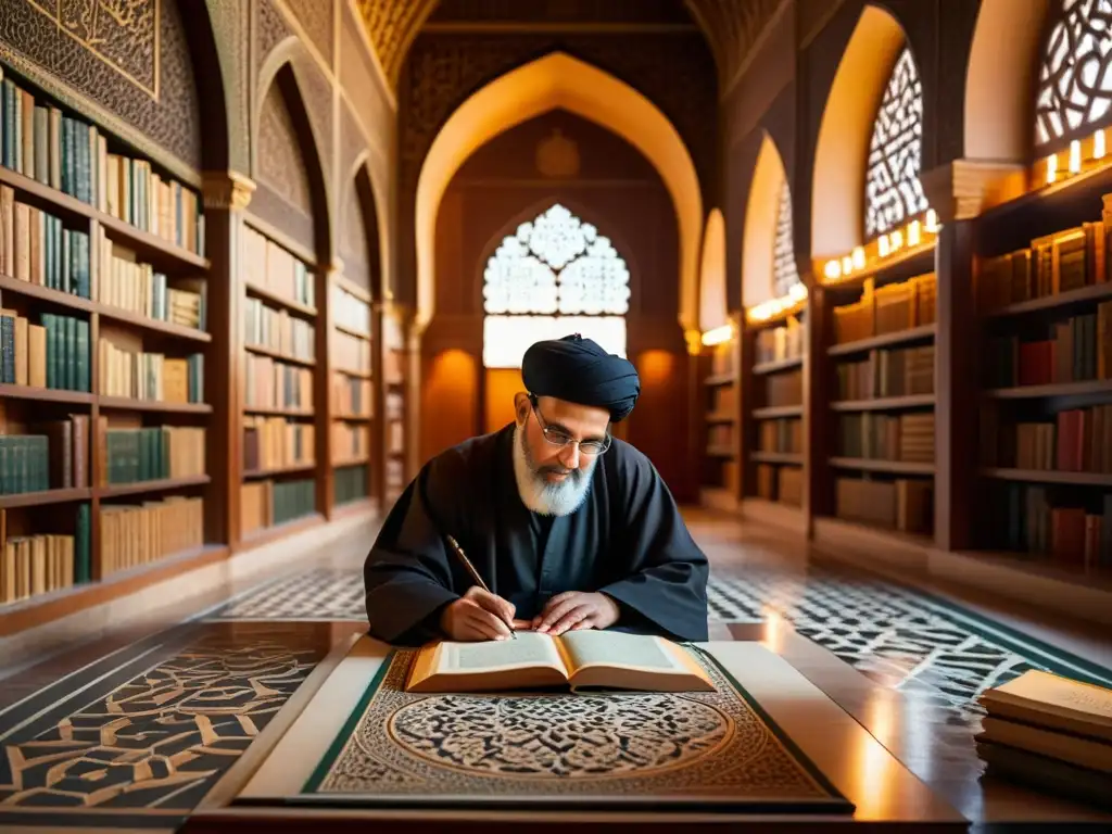 Al-Khwarizmi resolviendo algoritmos árabes en una biblioteca árabe, exudando sabiduría ancestral