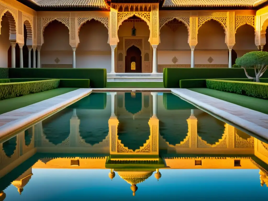 La Alhambra al atardecer con reflejo en el agua y la silueta de Sierra Nevada