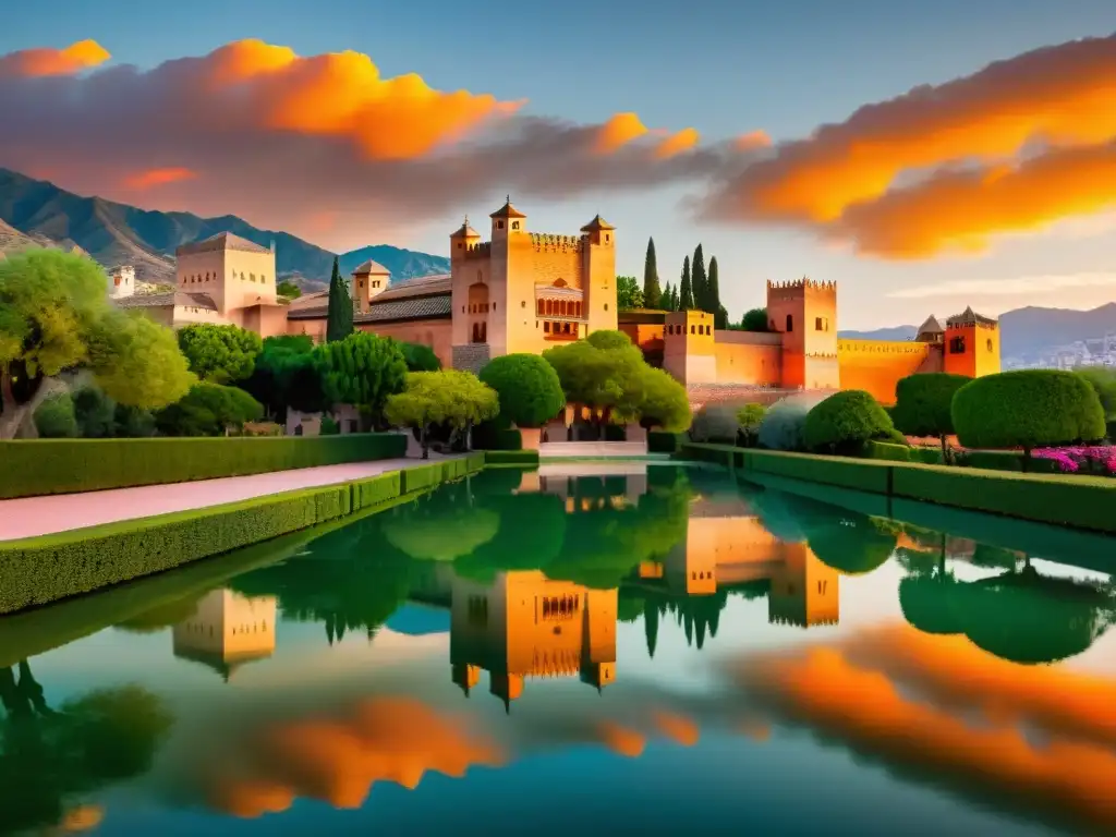 La Alhambra al atardecer, con tonos naranjas y rosados que iluminan la fortaleza antigua y el paisaje