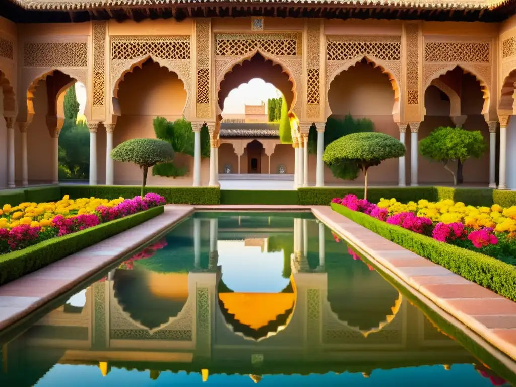 La Alhambra: influencia del Califato en la Modernidad a través de su arquitectura, jardines y caligrafía árabe, iluminada por el cálido sol poniente