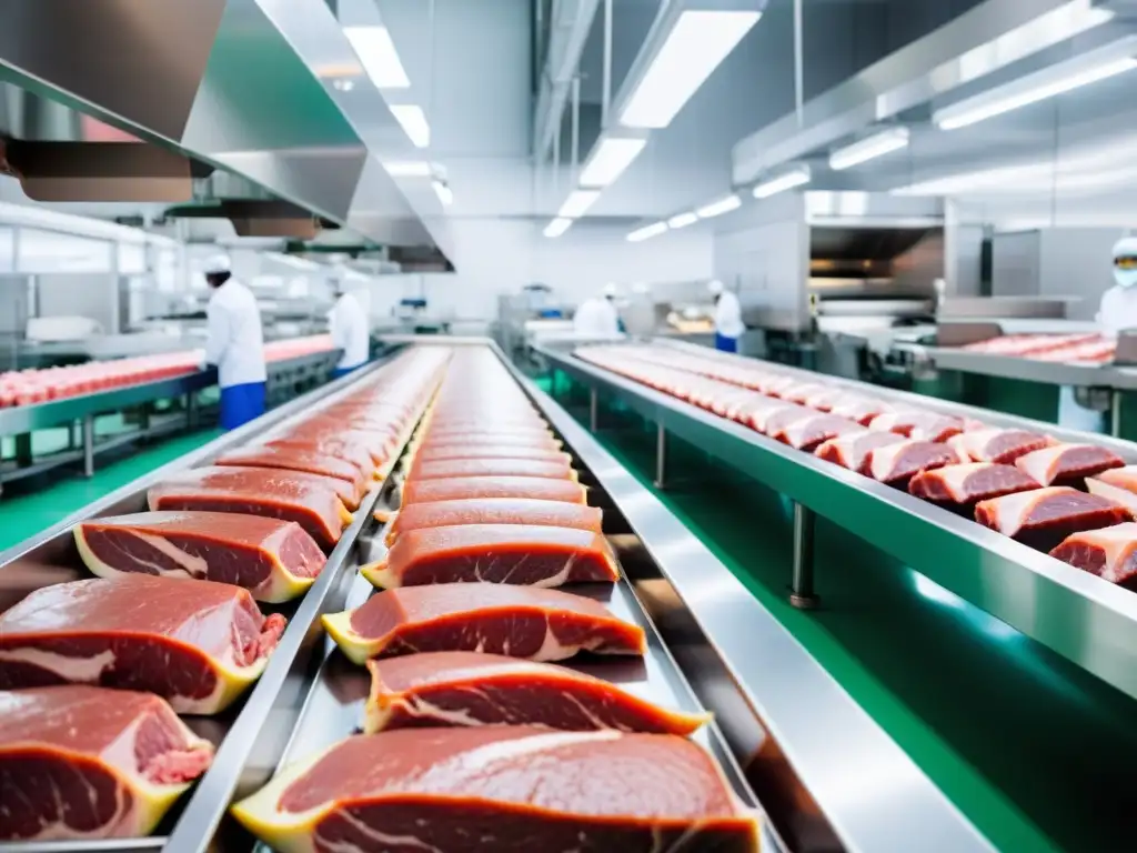 Producción moderna de alimentos Halal: eficiencia y frescura Instalación de producción de alimentos Halal con tecnología moderna y trabajadores en uniformes estériles