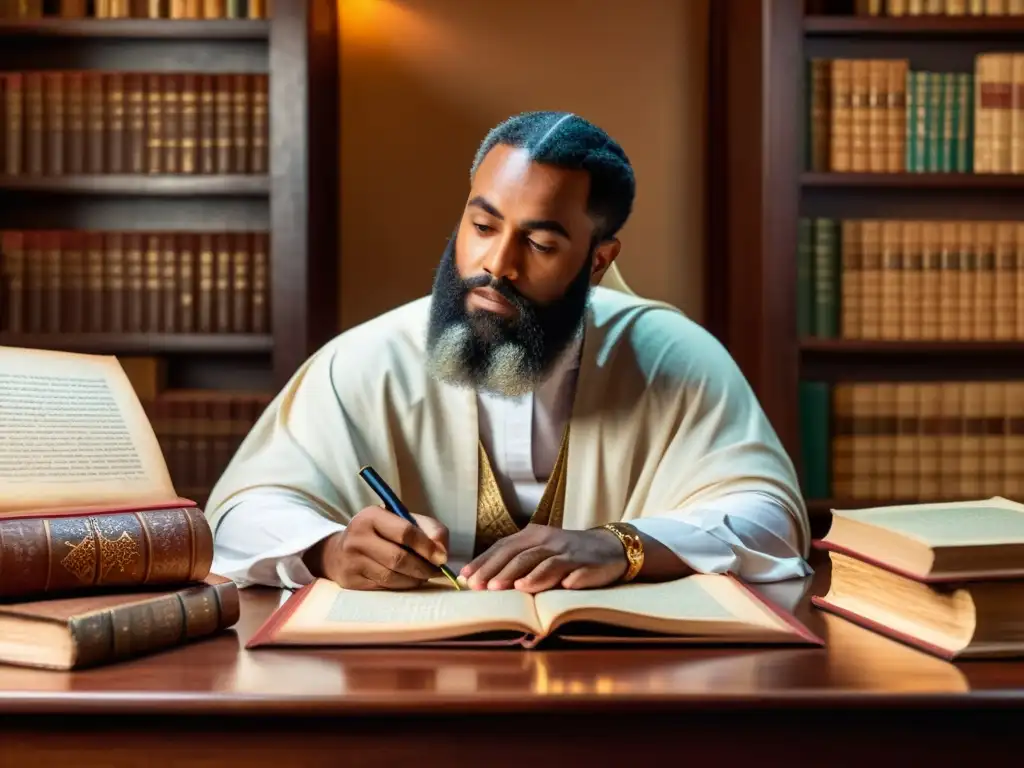 AlJahiz, hombre africano con barba, viste traje árabe, escribe rodeado de manuscritos, capturando su legado de literatura árabe