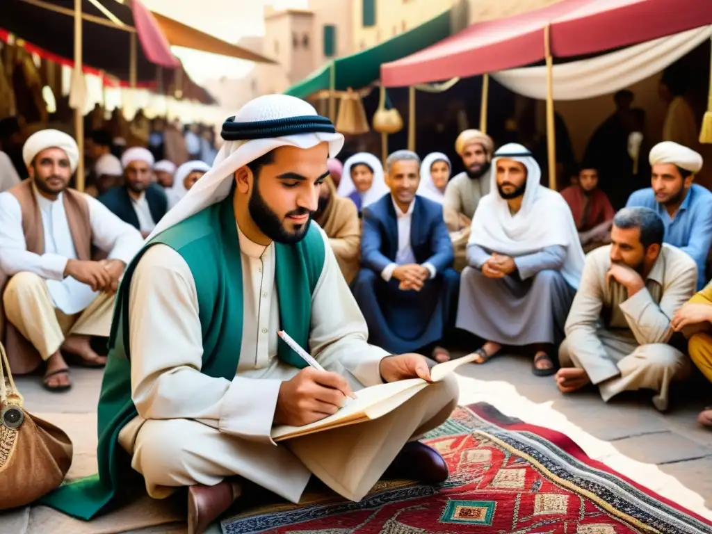 AlJahiz inmerso en la bulliciosa vida del mercado, capturando la diversidad cultural
