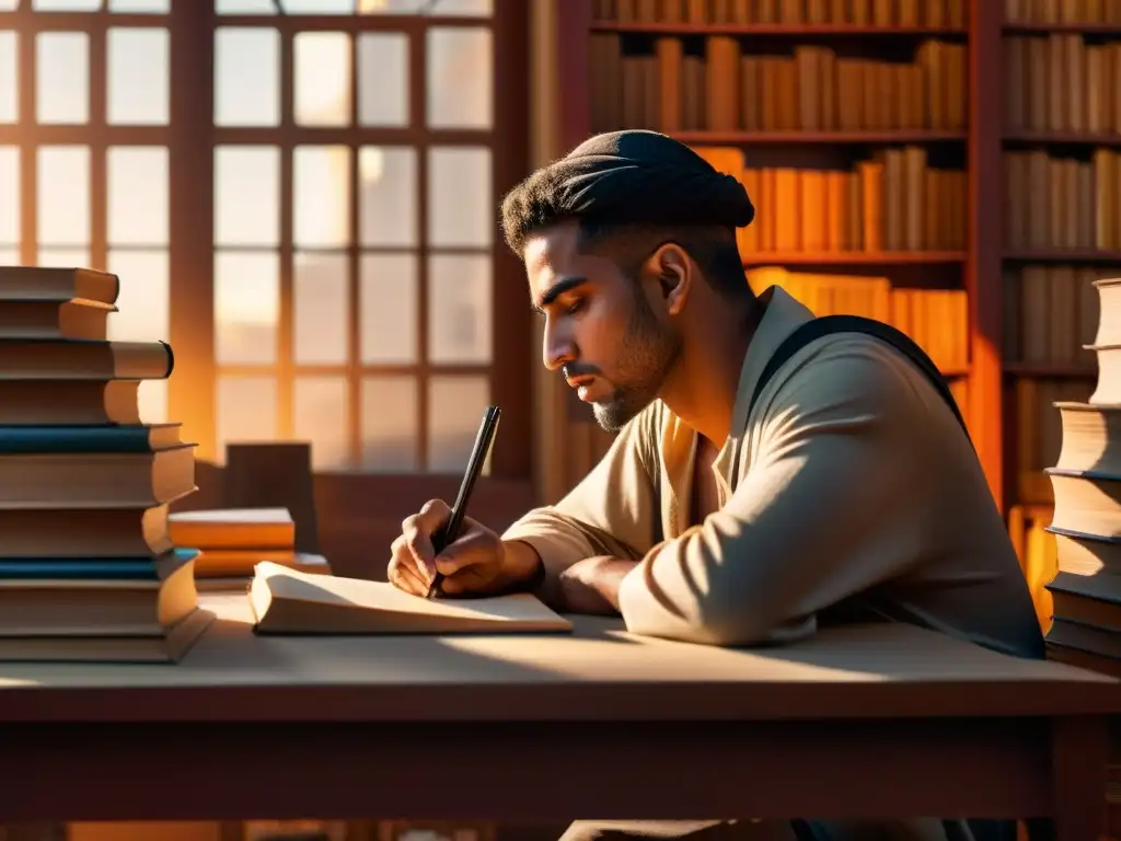 AlJahiz reflexiona sobre sociedad árabe en su estudio iluminado por cálida luz del atardecer, rodeado de libros y pergaminos
