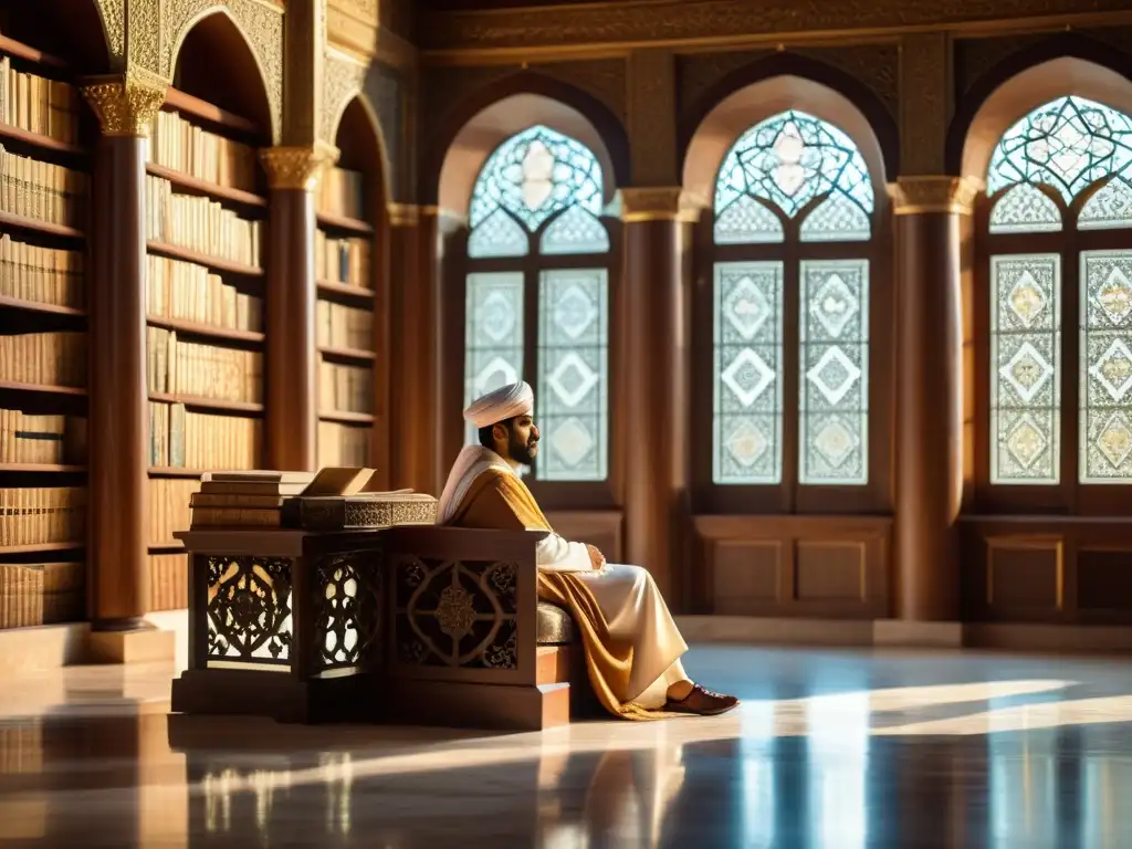 AlKindi, filósofo árabe, inmerso en el estudio en una biblioteca grandiosa, reflejando su legado intelectual y síntesis del conocimiento griego