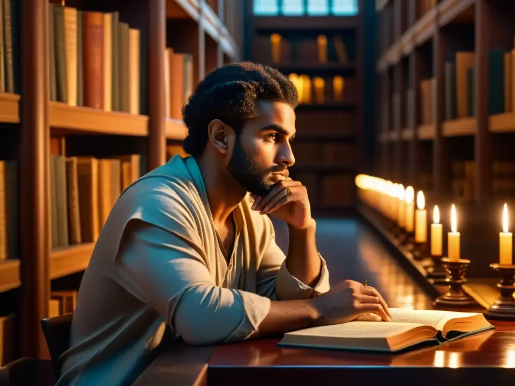 AlKindi filósofo mundo islámico reflexiona en biblioteca llena de manuscritos y conocimiento, iluminada por cálida luz de velas