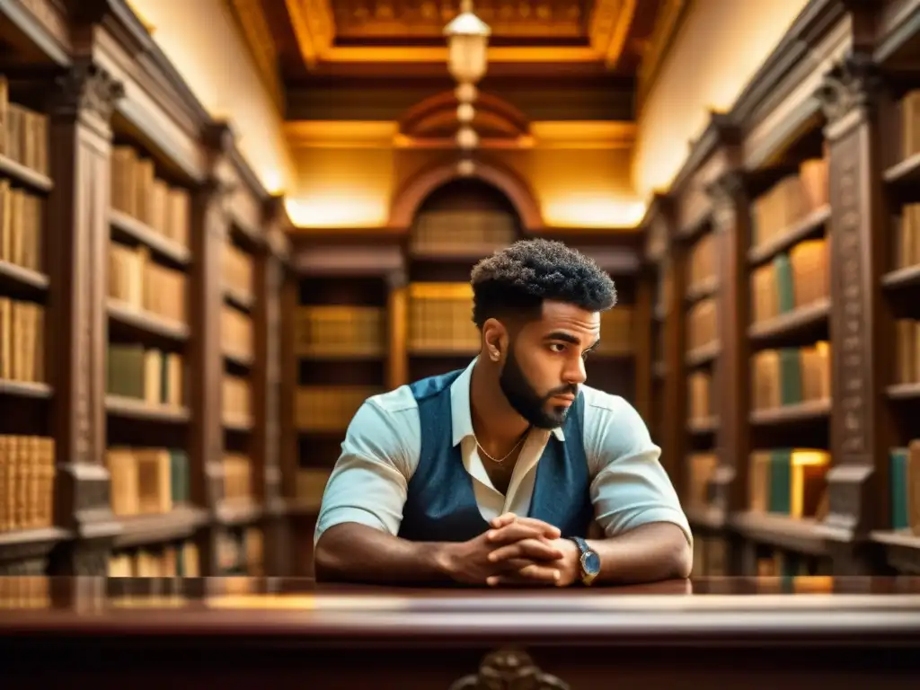 Al-Kindi reflexiona sobre la herencia y unificación de la fe y la filosofía en una biblioteca antigua iluminada por candelabros