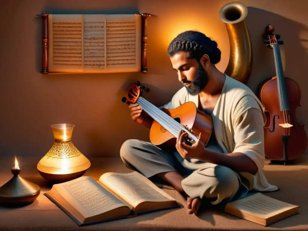 Al-Kindi tocando un instrumento rodeado de manuscritos antiguos y otros instrumentos musicales bajo la suave luz de las velas