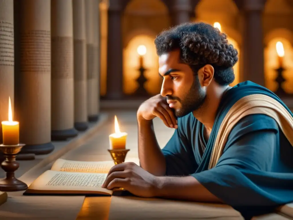 AlKindi, filósofo árabe, contempla la síntesis del conocimiento griego en una biblioteca antigua iluminada por velas