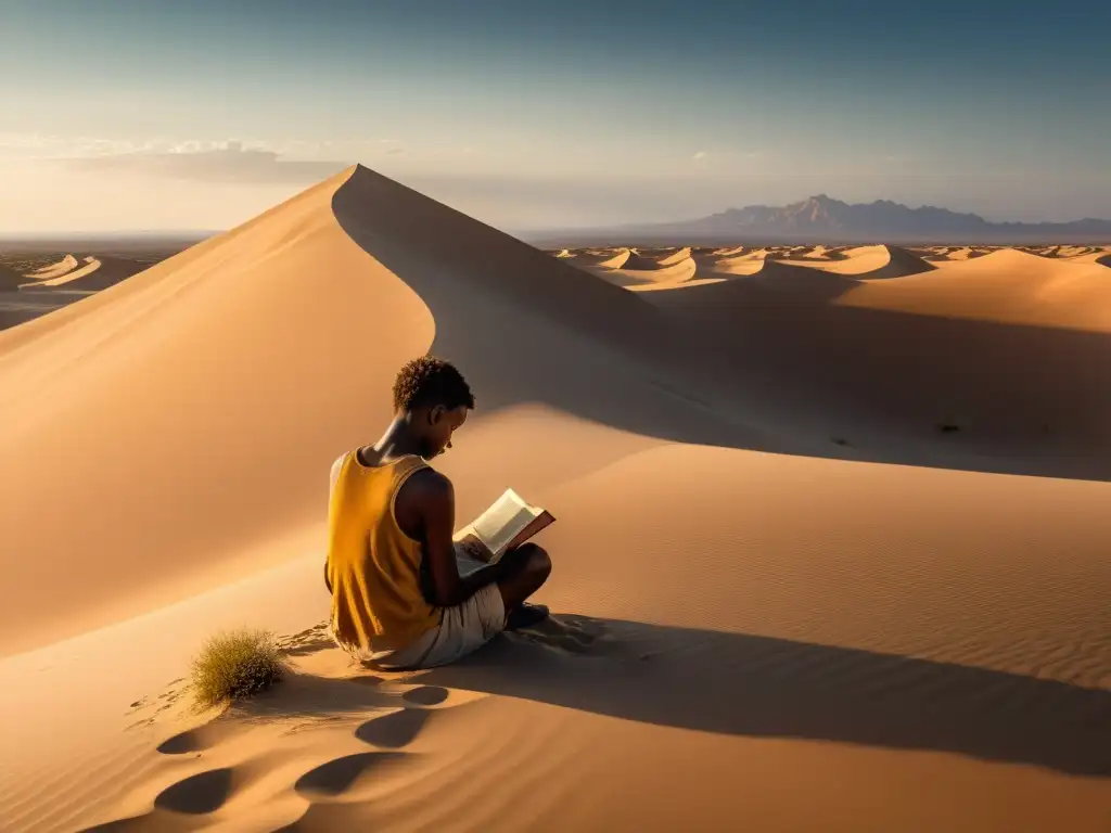 Un alma en contemplación en el desierto, con un libro, bajo la luz dorada