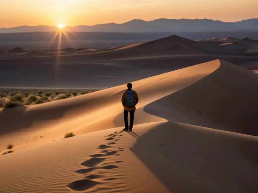 Un alma solitaria reflexiona en el desierto al atardecer, evocando el significado de la soledad y la reflexión filosófica de Al-Ma'arri