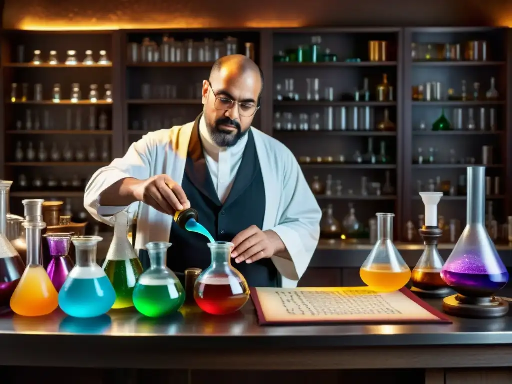 Un alquimista islámico antiguo trabaja en un laboratorio tenue, rodeado de vidriería intricada y manuscritos antiguos