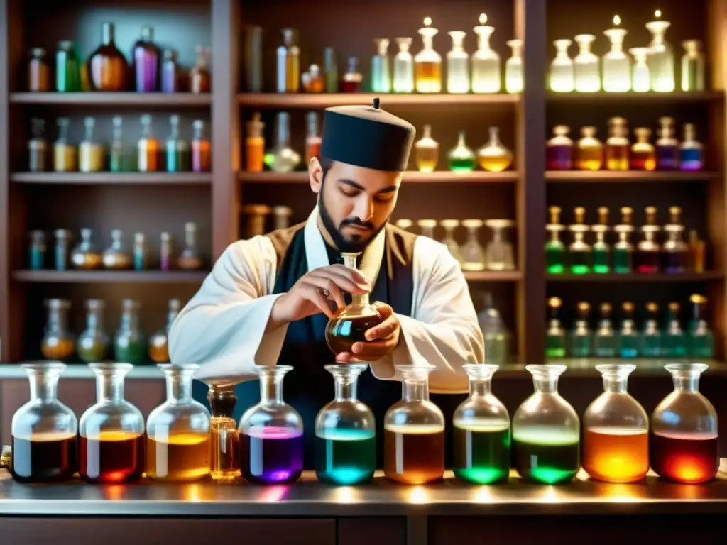 Un alquimista islámico trabaja en su laboratorio, rodeado de vidriería y frascos llenos de sustancias coloridas