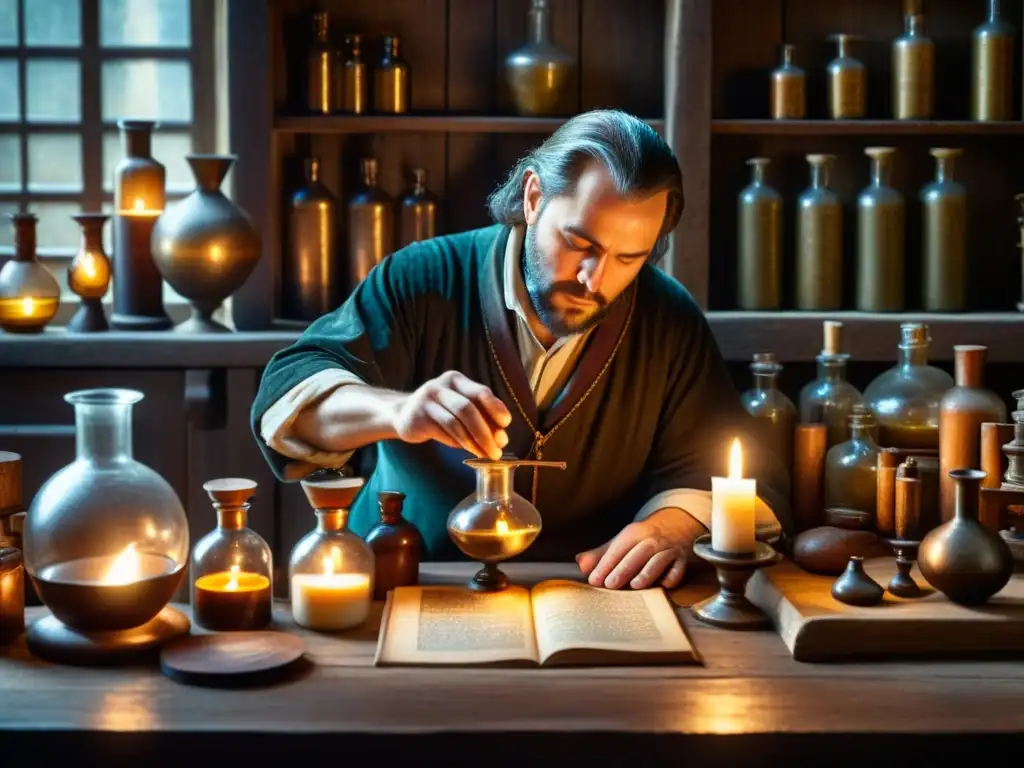 Un alquimista medieval vierte líquido en un frasco en un laboratorio de piedra iluminado por una vela