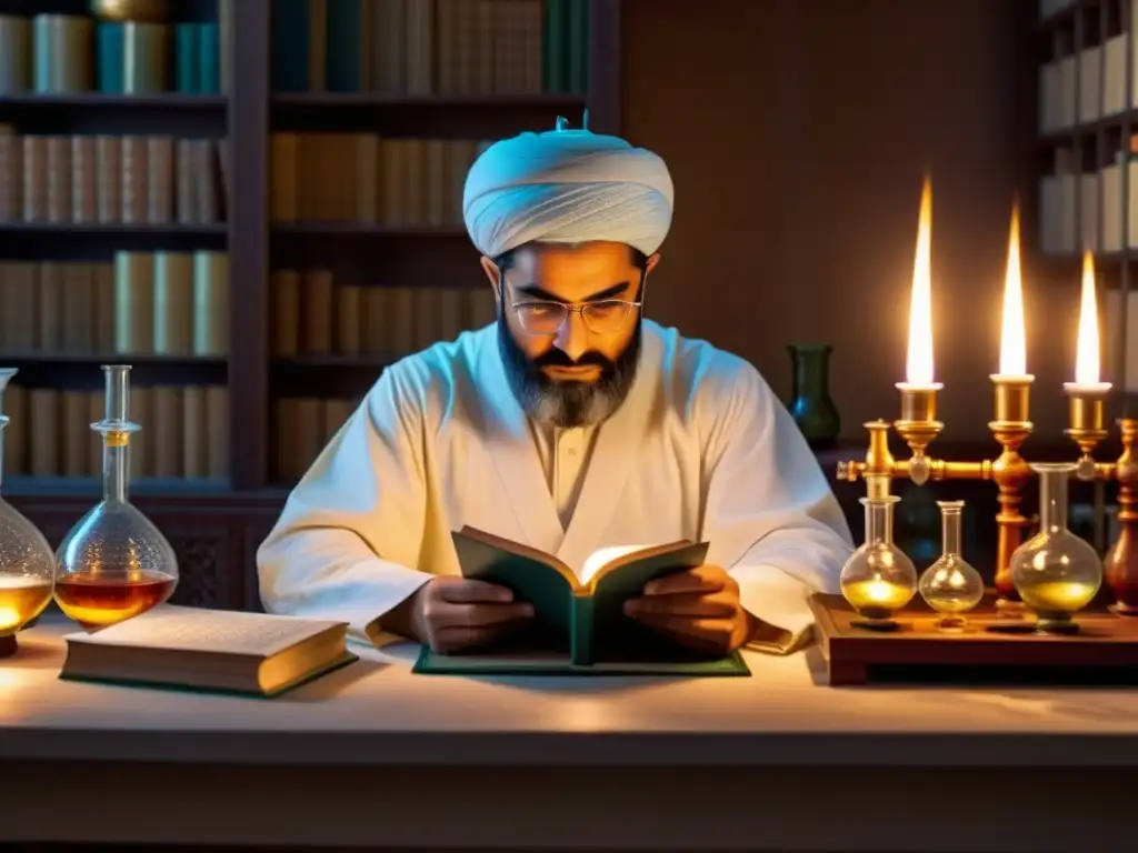AlRazi en su laboratorio: búsqueda del conocimiento AlRazi inmerso en un experimento químico en su laboratorio, rodeado de libros, vidrio y luz de vela