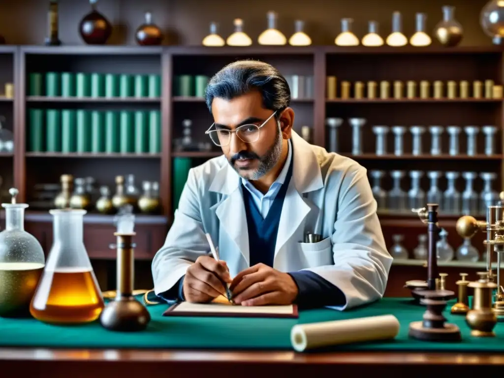 AlRazi en su laboratorio: descubrimientos químicos AlRazi en su laboratorio, realizando descubrimientos químicos con precisión y dedicación, rodeado de instrumentos antiguos y pergaminos
