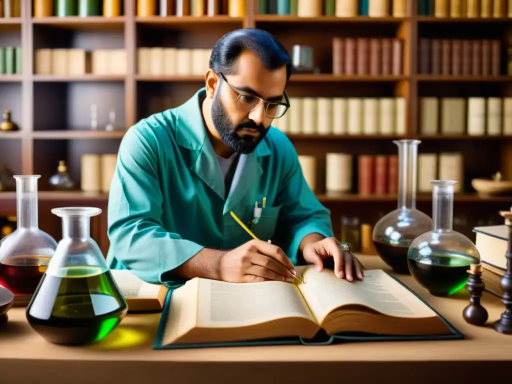 AlRazi en su laboratorio: experimento histórico AlRazi en su laboratorio histórico, realizando experimentos de descubrimientos químicos