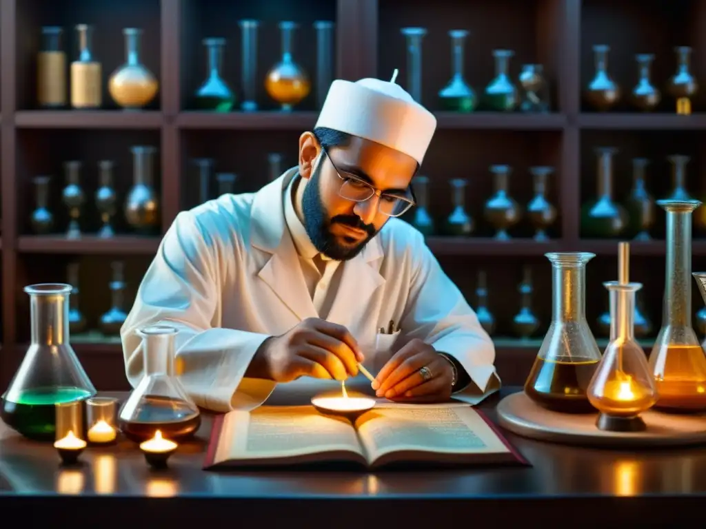 AlRazi clasifica sustancias químicas en laboratorio islámico, con detalles fotorrealistas, a la luz de las velas