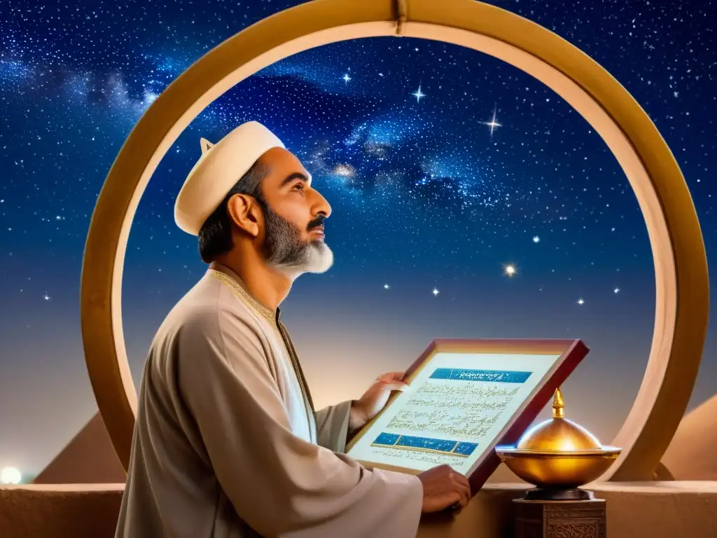 AlSufi, rodeado de instrumentos astronómicos, registra sus observaciones bajo un cielo estrellado, evocando la grandeza de los astrólogos del Islam