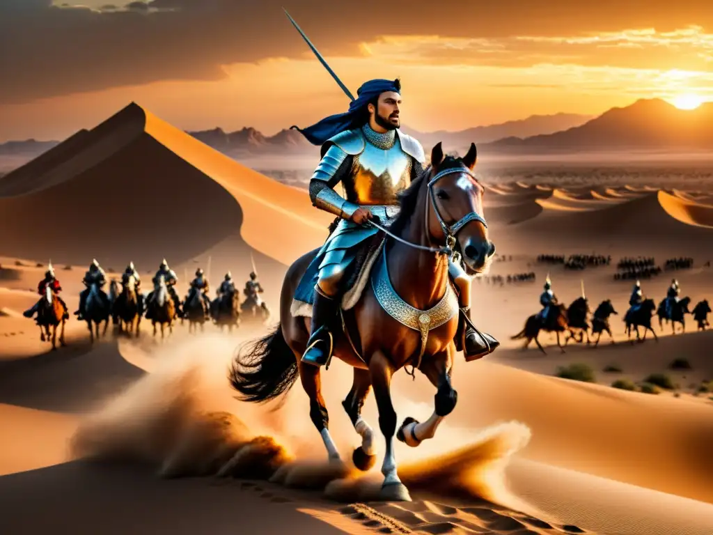 Khalid ibn alWalid liderando su ejército en un impresionante paisaje desértico al atardecer, evocando las estrategias de Khalid ibn alWalid