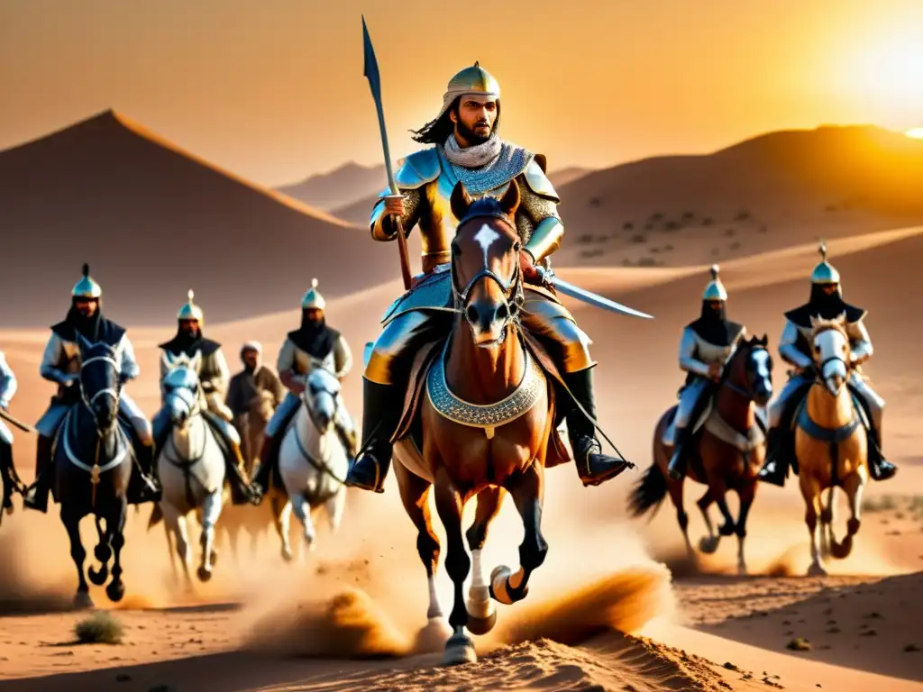 Khalid ibn alWalid lidera sus tropas en una batalla en el desierto al atardecer