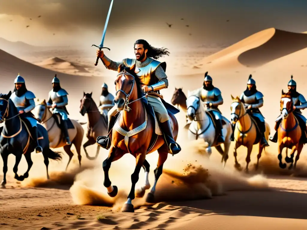 Khalid ibn alWalid lidera sus tropas en una batalla en el desierto