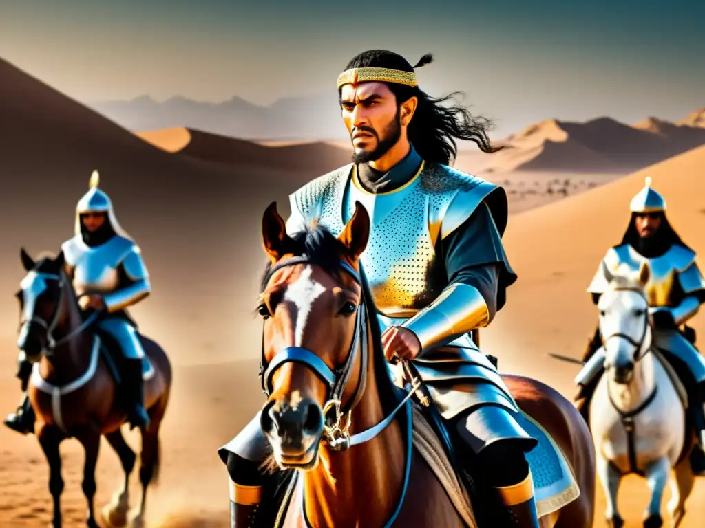 Khalid ibn alWalid liderando sus tropas en la batalla, mostrando estrategias de Khalid ibn alWalid en el desierto