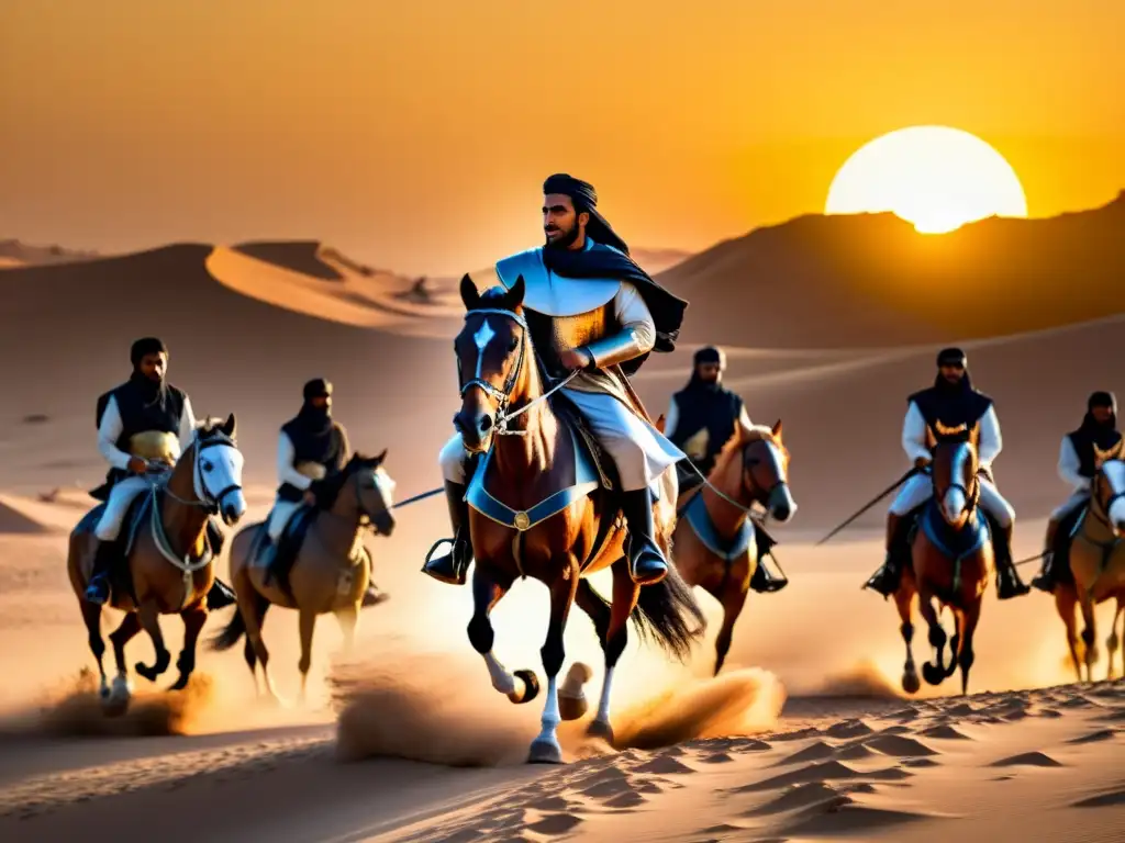 Khalid ibn alWalid lidera a sus tropas en el desierto al atardecer, creando estrategias de Khalid ibn alWalid