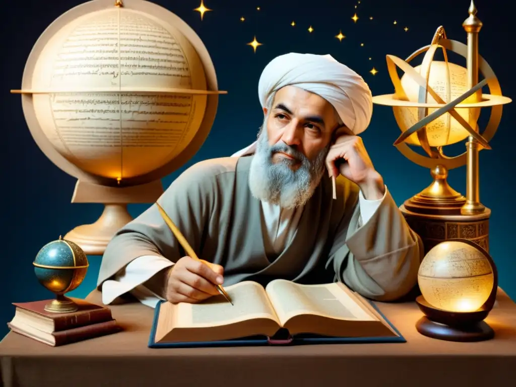 Averroes Avicena astronomía filosofía: Avicena en ambiente académico con instrumentos astronómicos antiguos, profundamente concentrado en sus estudios