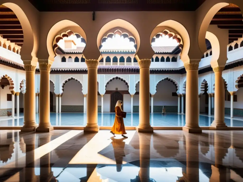 Un ambiente académico tranquilo en una madrasa islámica con mujeres educadoras en el Islam, estudiantes y una hermosa arquitectura