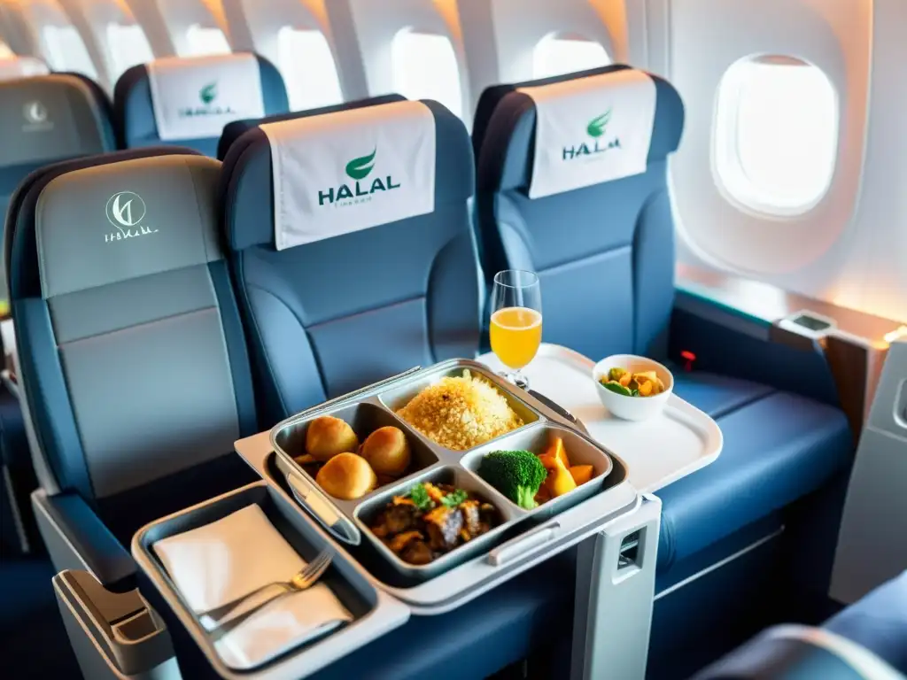 Ambiente sereno en un avión moderno con bandejas de comida halal, creando una experiencia inclusiva para viajes religiosos