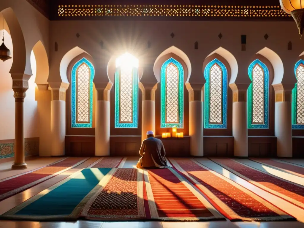 Un ambiente sereno en una mezquita con luz solar y patrones coloridos, donde los fieles rezan en un espacio lleno de paz y devoción