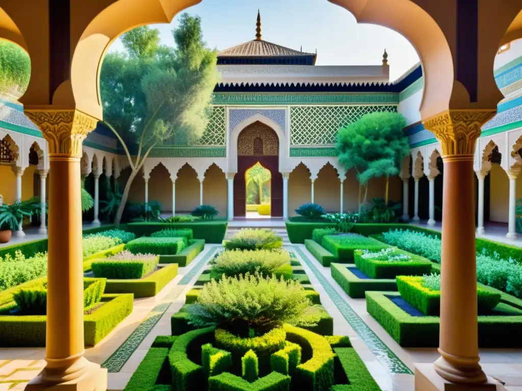 Un jardín botánico islámico ancestral con exuberante vegetación y eruditos estudiando plantas medicinales